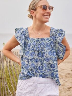 Ophelia & Indigo x Lemon Stripes Blue Floral Ruffle Top L Block Print